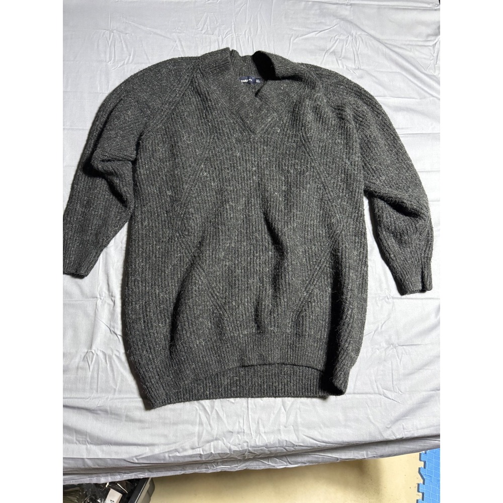 Zara Knit Sweater Women S Gray Good Oversized V-Neck Ribbed Raglan Long Sleeve